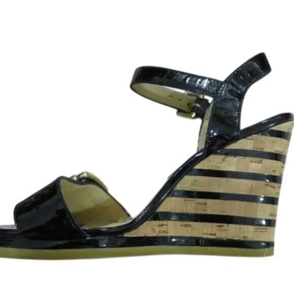 Michael Kors Embellished Buckled Black Italian Leather Wedge sandals heels